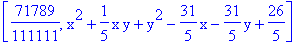 [71789/111111, x^2+1/5*x*y+y^2-31/5*x-31/5*y+26/5]